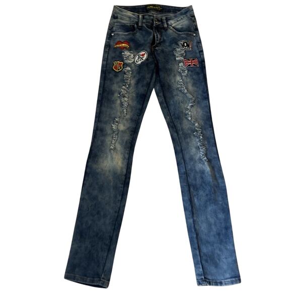 Rebel Love Skinny Applique Patches Jeans 5/6 Blue Distressed Rock Crest Heart - Picture 1 of 9